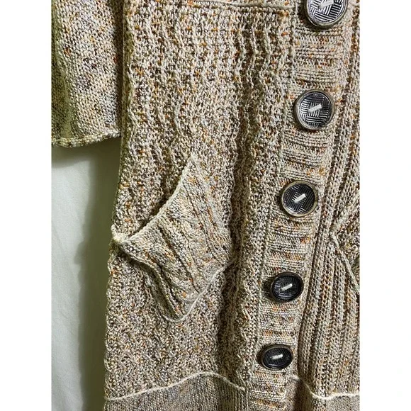 Pure Handknit Tan Cotton Cardigan Sweater M/L Long Button Up Boho Cottage Core - Picture 2 of 8